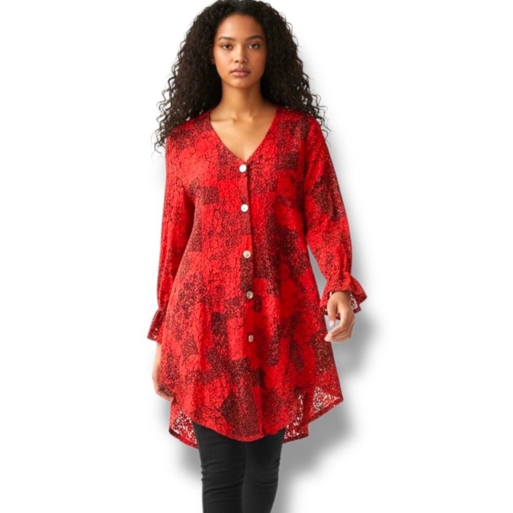 Sarah Santos Lace Long Flare Sleeves Button Down Lagenlook Quilted design Dress